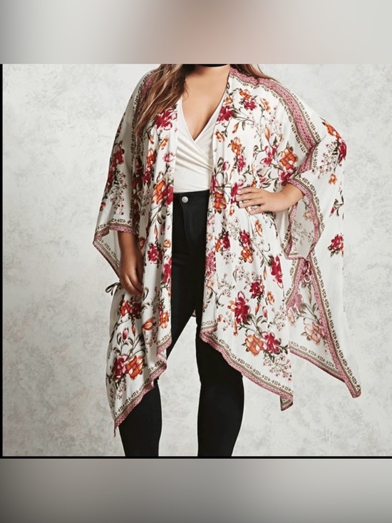 Japna Other - Japna Floral Boho Kimono Cardigan in White with Red & Orange Flowers
